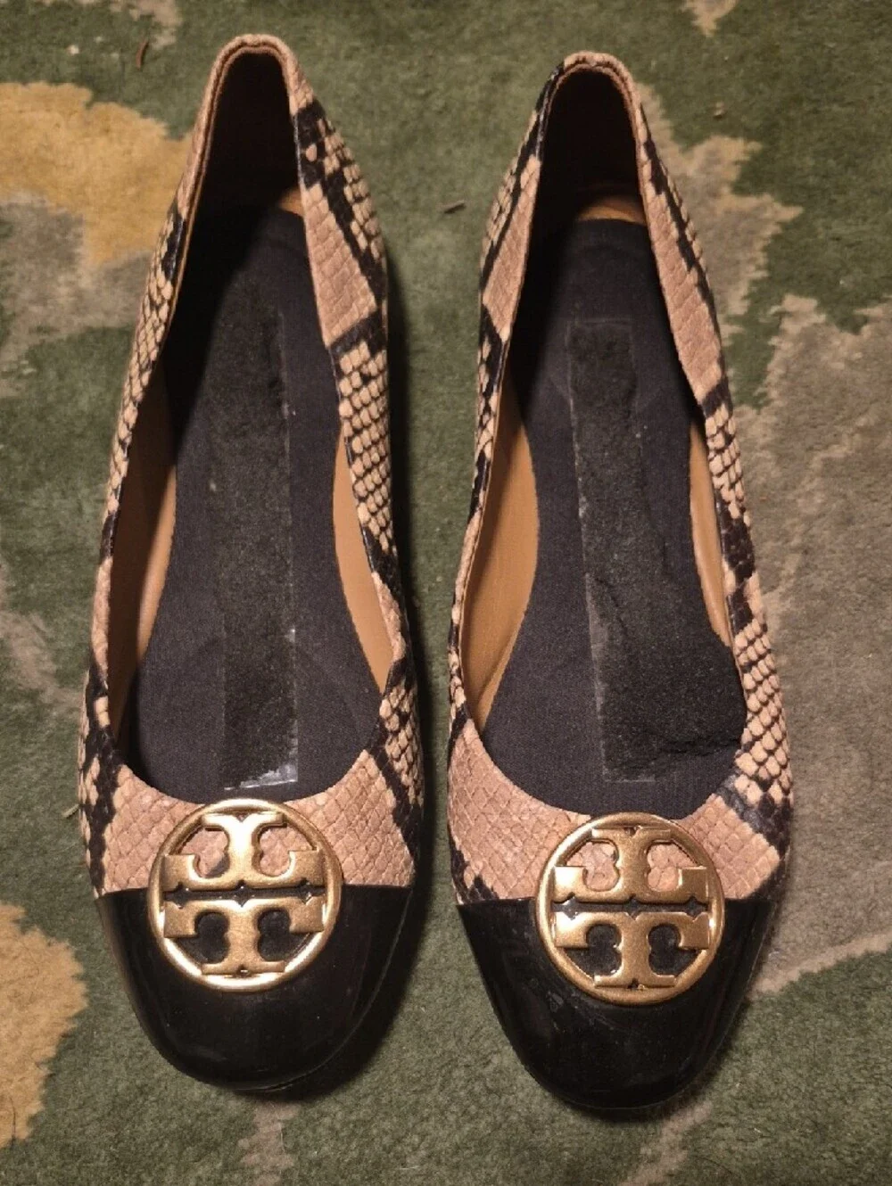 Tory Burch Snake-Print Ballet Flats with Black Patent Toe and Gold Logo